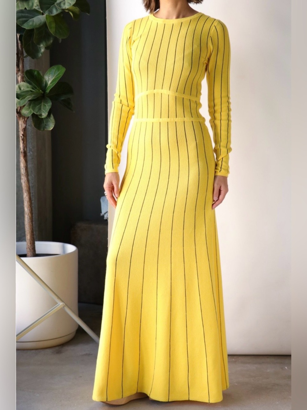 Victor Glemaud Pinstripe Cutout Back Maxi Dress M Yellow Cotton Cashmere $595